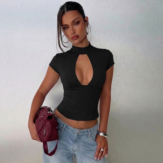 Damen figurbetontes Oberteil mit hochgeschlossenem Design und Cut-Out Akzent EB