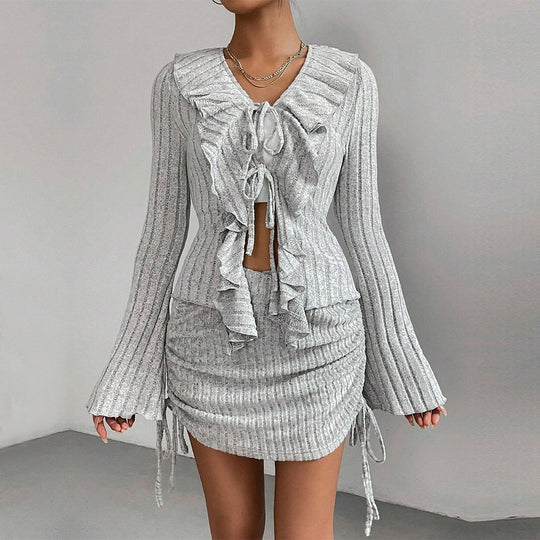 Damen gerippter Rüschencardigan mit Bindebändern und gerafftem Minirock-Set Eichborn Berlin