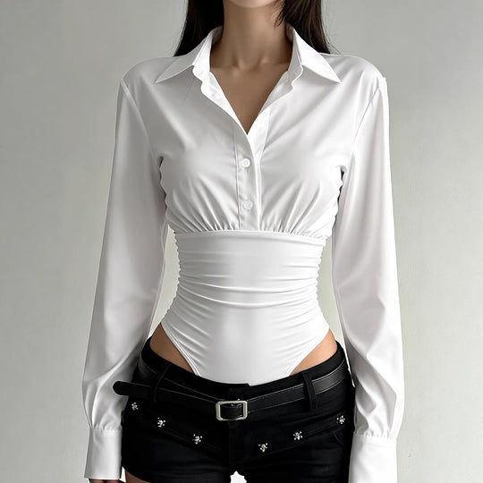 Damen eleganter Bodysuit mit feinem Kragen und Knopfdetails EB