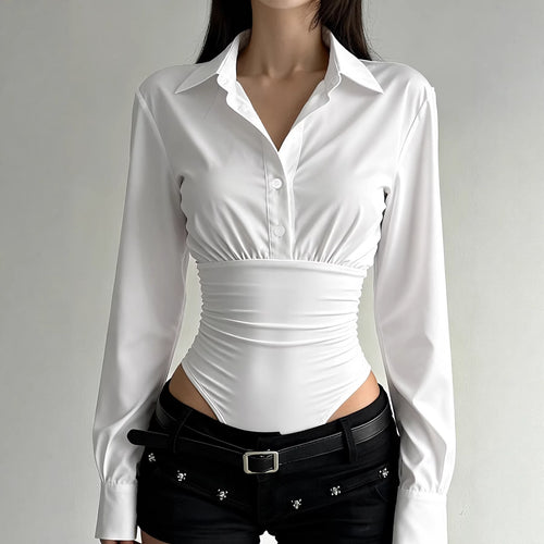 Damen eleganter Bodysuit mit feinem Kragen und Knopfdetails EB