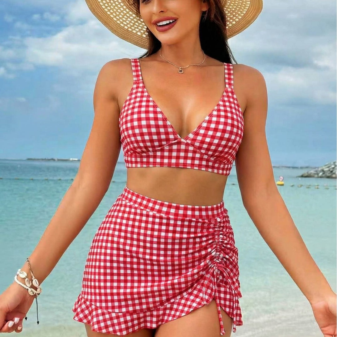 Damen Kariertes Bikini-Set mit verspieltem Rock EB
