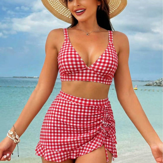 Damen Kariertes Bikini-Set mit verspieltem Rock EB