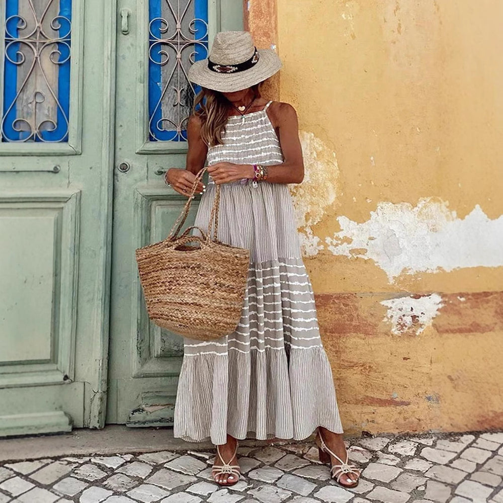Damen Sommerliches Maxikleid mit gestreiftem Design und komfortablem Rückenausschnitt EB