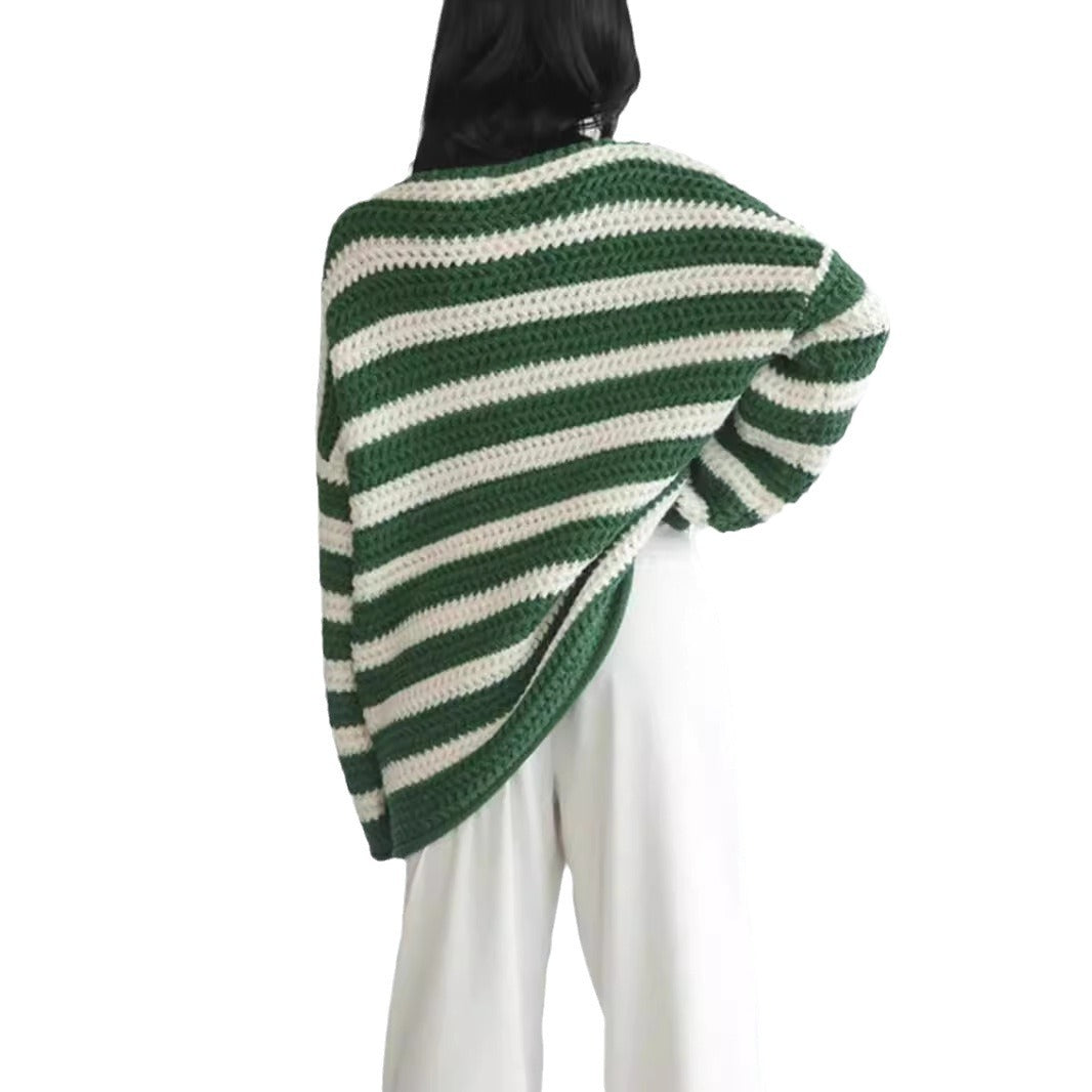 Damen lässiger gehäkelter Pullover mit modernen Blockstreifen EB