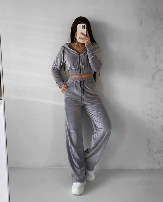 Damen Samt-Loungewear-Set mit Cropped Zip-Kapuzenjacke und weiter Palazzohose EB