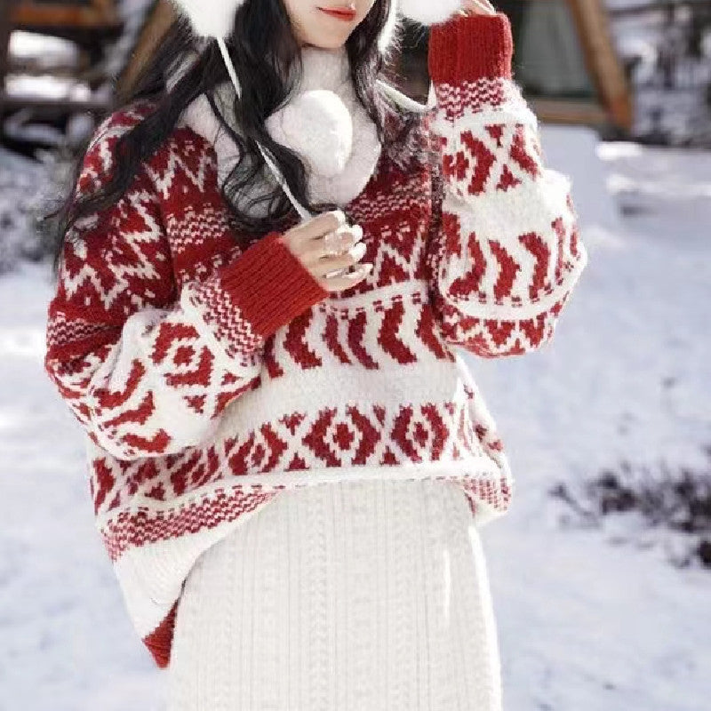 Damen gemütlicher Norwegerpullover mit dekorativem Muster und voluminösen Ärmeln EB