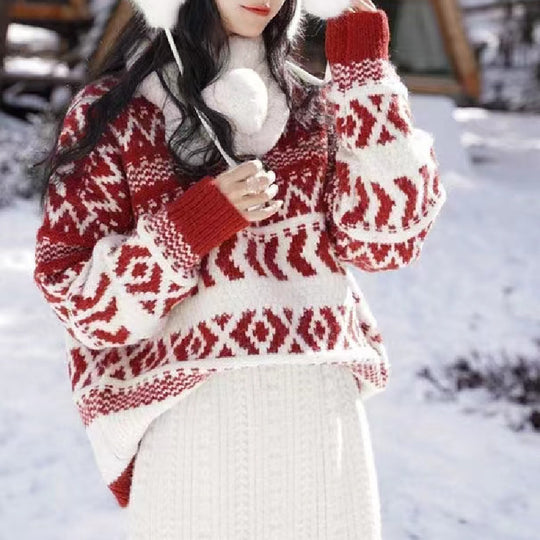 Damen gemütlicher Norwegerpullover mit dekorativem Muster und voluminösen Ärmeln EB