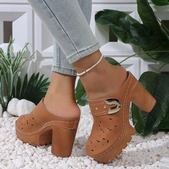 Damen modische Clogs mit perforiertem Design und elegantem Blockabsatz EB