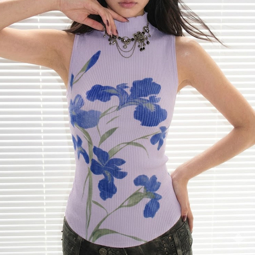 Damen ärmelloses Oberteil mit floralem Druck und elegantem Stehkragen EB
