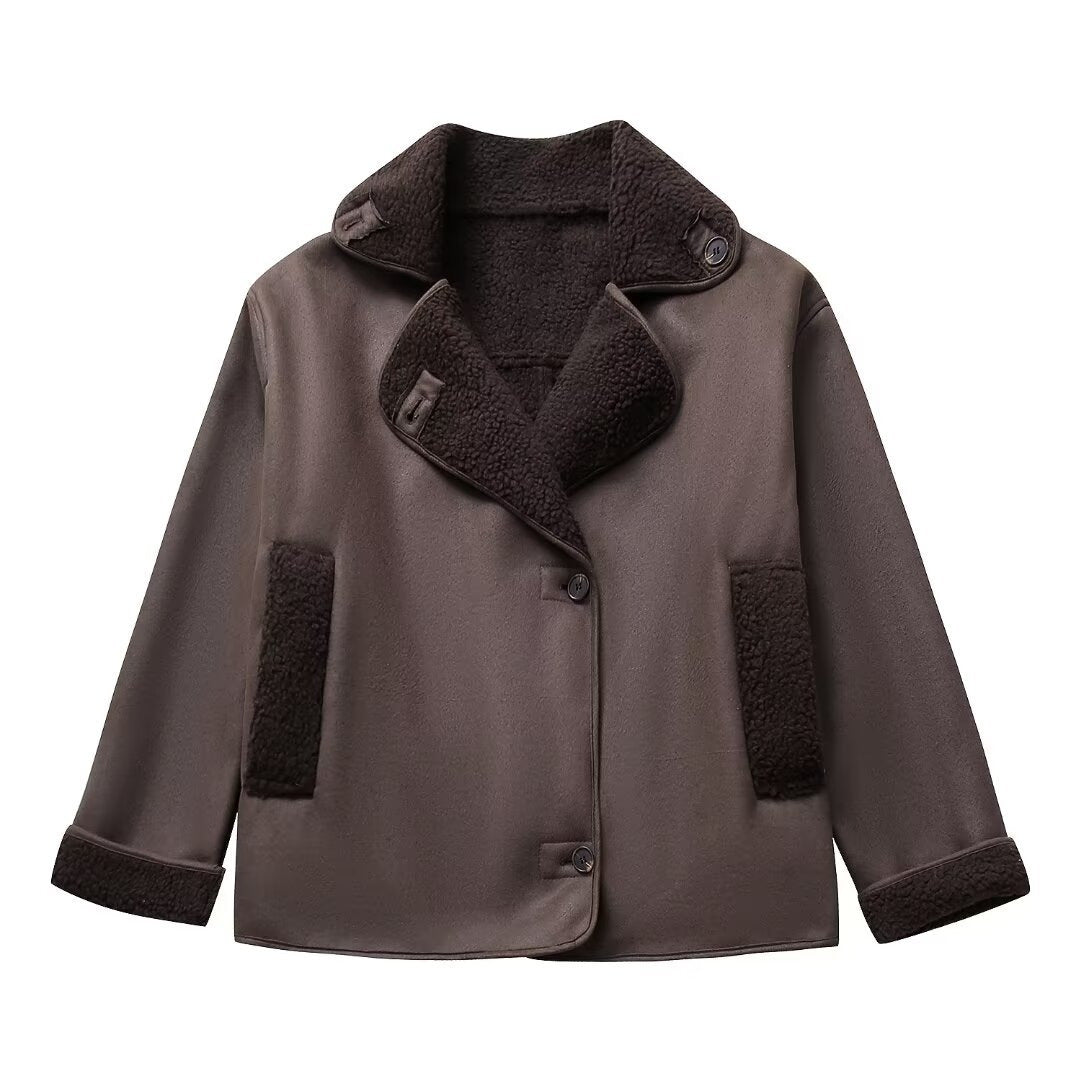 Damen nan kurze Winterjacke mit weichem Teddyfutter, Umschlagkragen und Knopfleiste EB