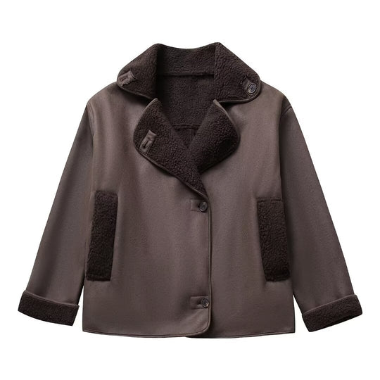 Damen nan kurze Winterjacke mit weichem Teddyfutter, Umschlagkragen und Knopfleiste EB