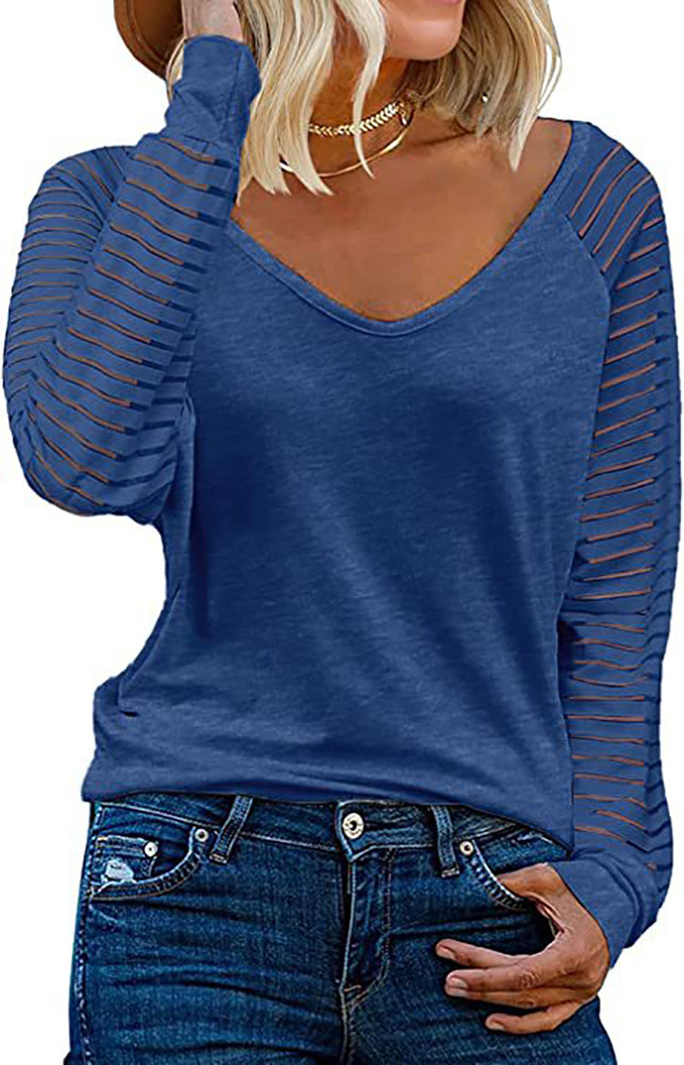 Damen Langärmliges V-Ausschnitt Shirt mit gestreiften Ärmeln EB