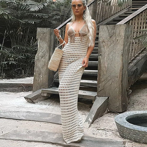Damen gehäkeltes Maxikleid mit tiefem V-Ausschnitt und eleganter Schleifenverzierung EB