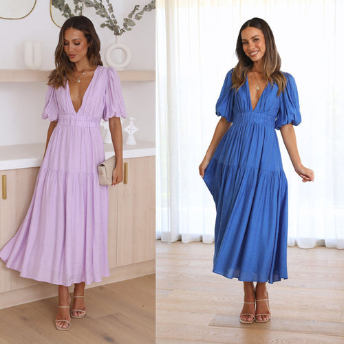 Damen Maxikleid mit tiefem V-Ausschnitt und schwingendem Rock EB