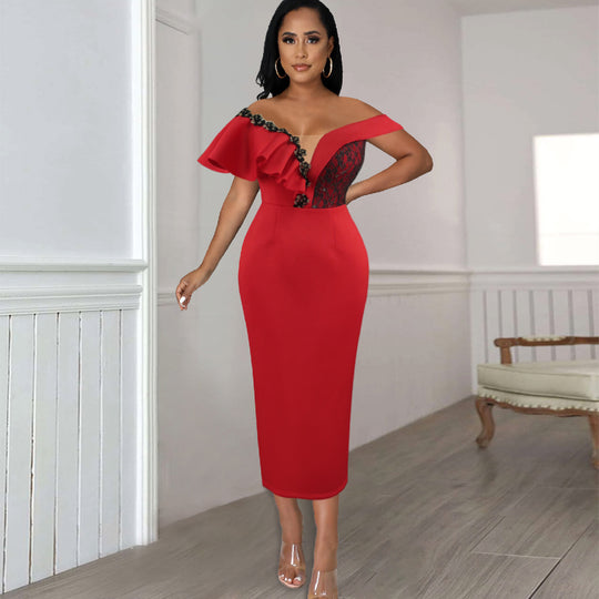 Damen elegantes Kleid mit asymmetrischem Schnitt und floralen Akzenten EB