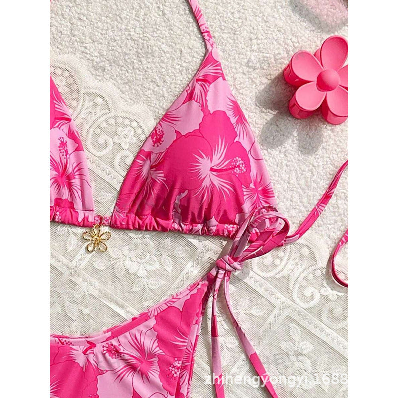 Damen Triangel-Bikini mit floralen Mustern und feinen Bindebändern EB