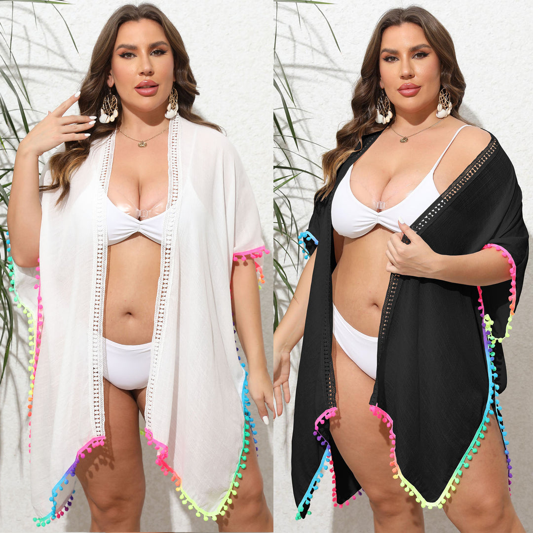 Damen Strandüberwurf mit buntem Pompon-Rand EB
