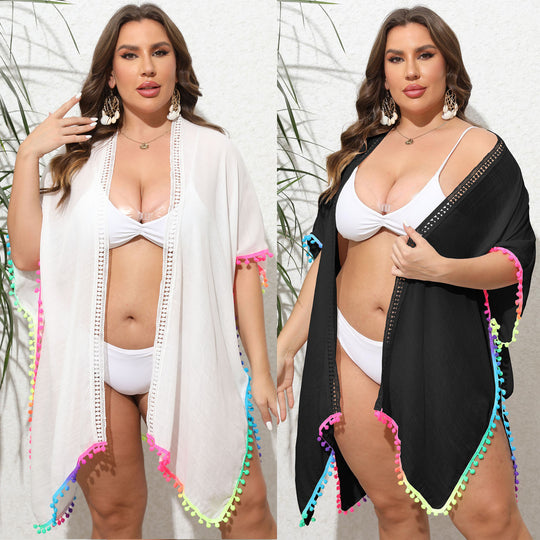 Damen Strandüberwurf mit buntem Pompon-Rand EB