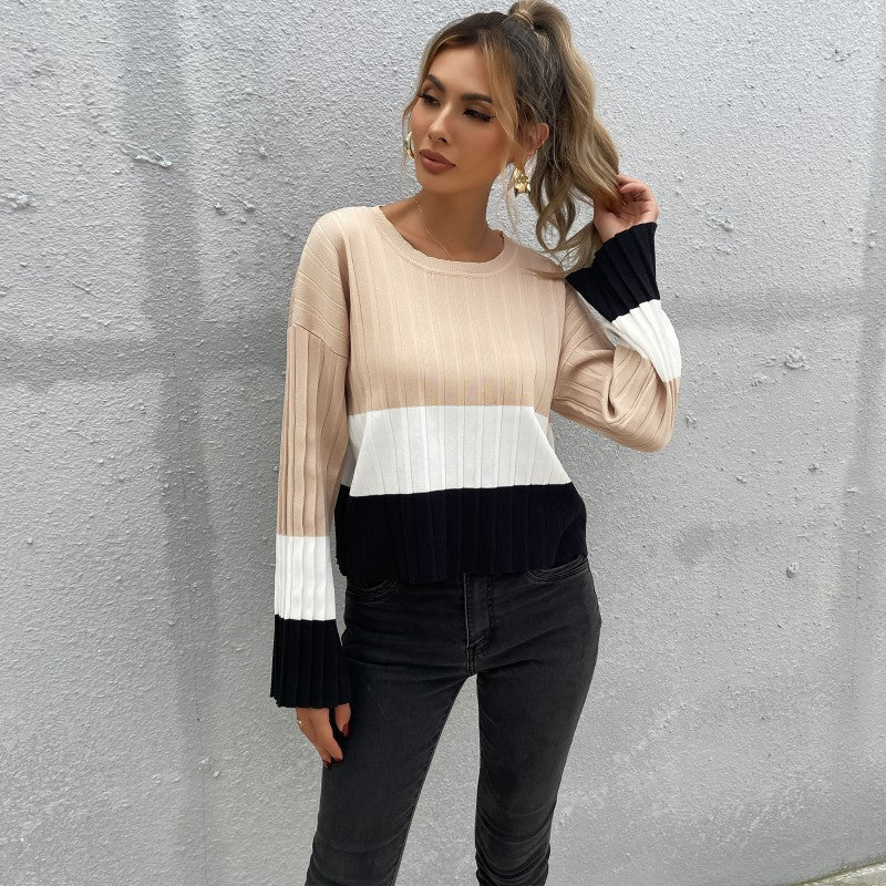 Damen Strickpullover mit modischem Blockstreifen-Design und weiten Ärmeln EB