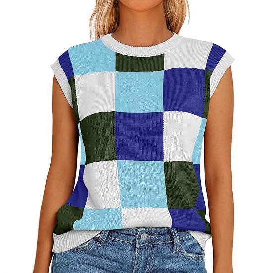 Damen lässiges ärmelloses Pullover-Top mit karierter Musterung EB