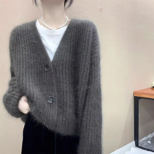 Damen Kuscheliger Strickcardigan mit großen Knöpfen EB