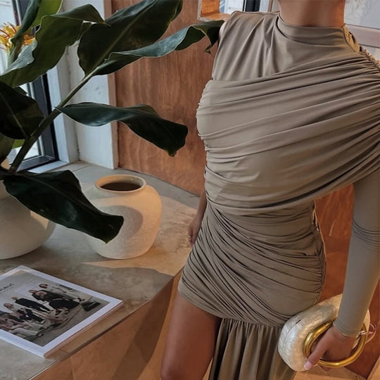 Damen elegantes Wickelkleid mit asymmetrischem Saum und langen Ärmeln EB