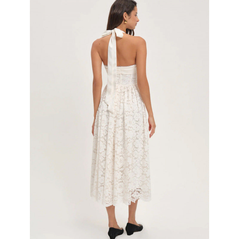 Damen luftiges Sommerkleid mit romantischem Spitzenoberteil und elastischem Taillenbund EB