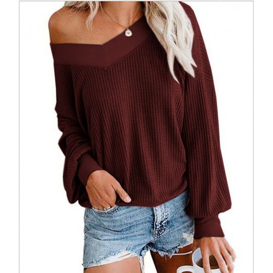 Damen Lockerer Waffelstrick-Pullover mit weitem Off-Shoulder-Ausschnitt und Oversize-Schnitt EB