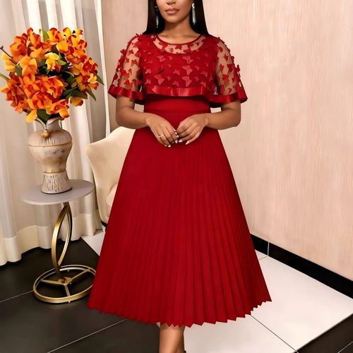 Damen elegantes Abendkleid mit plissiertem Rock und transparenten Puffärmeln EB