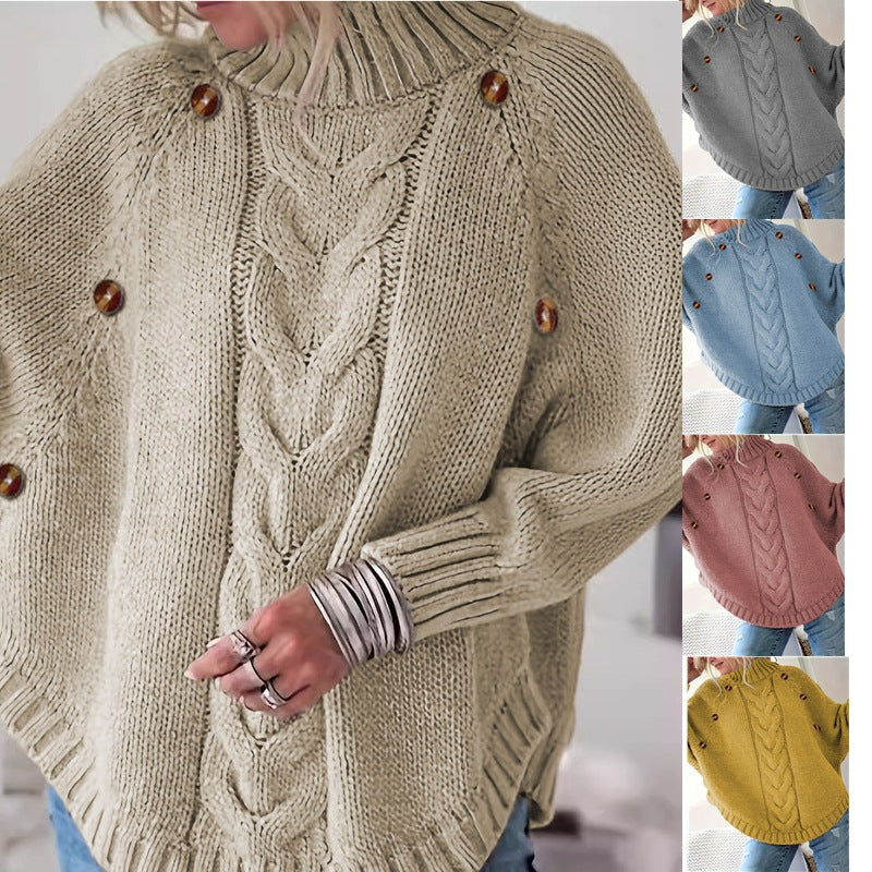 Damen Oversized Strickpullover mit Hochkragen und dekorativen Knopfdetails EB