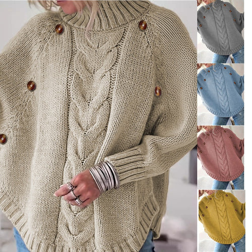Damen Oversized Strickpullover mit Hochkragen und dekorativen Knopfdetails EB
