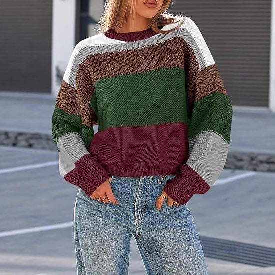 Damen Grobstrickpullover mit Farbblockdesign und oversized Schnitt EB