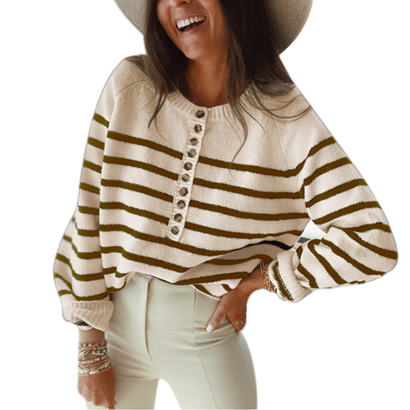 Damen gemusterter Strickpullover mit Knopfleiste EB