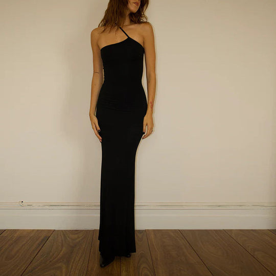Damen elegantes Maxikleid mit asymmetrischem Träger und raffiniertem Schnitt EB