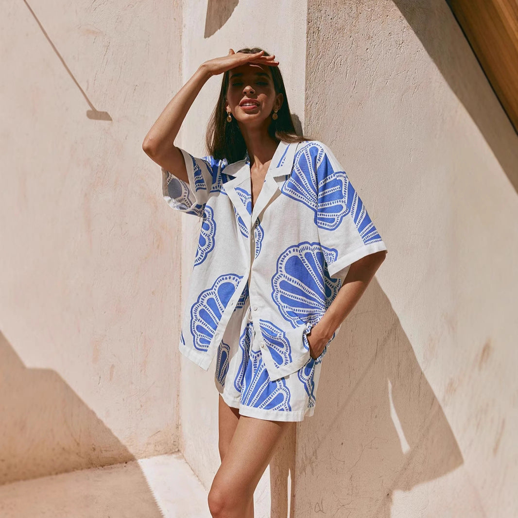 Damen Sommerliches Kurzarm-Set mit maritimem Muschel-Design und lockerer Passform EB