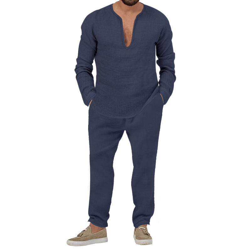 Herren lässiges Leinen-Outfit mit tiefem V-Ausschnitt und elastischem Bund EB