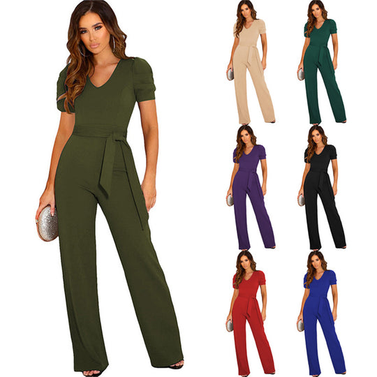 Damen Eleganter Jumpsuit mit Taillengürtel und Puffärmel EB