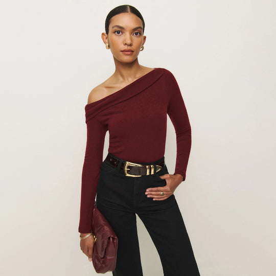 Damen Elegantes Langarmoberteil mit schrägem Ausschnitt und figurbetontem Schnitt EB