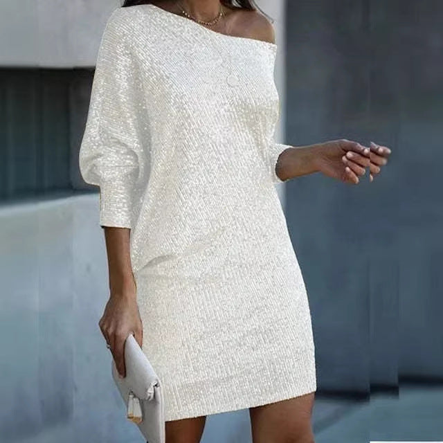 Damen Schulterfreies Strick-Minikleid mit Fledermausärmeln EB