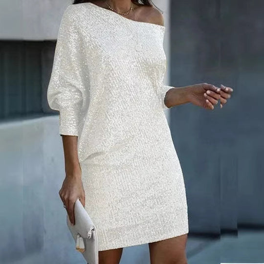 Damen Schulterfreies Strick-Minikleid mit Fledermausärmeln EB