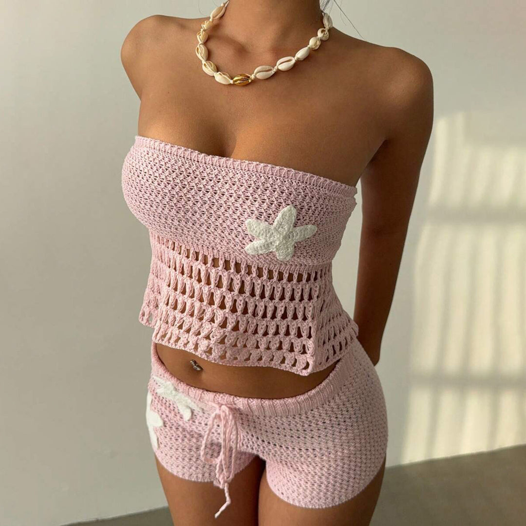 Damen gehäkeltes Strand-Set mit verstellbarem Oberteil und Shorts EB