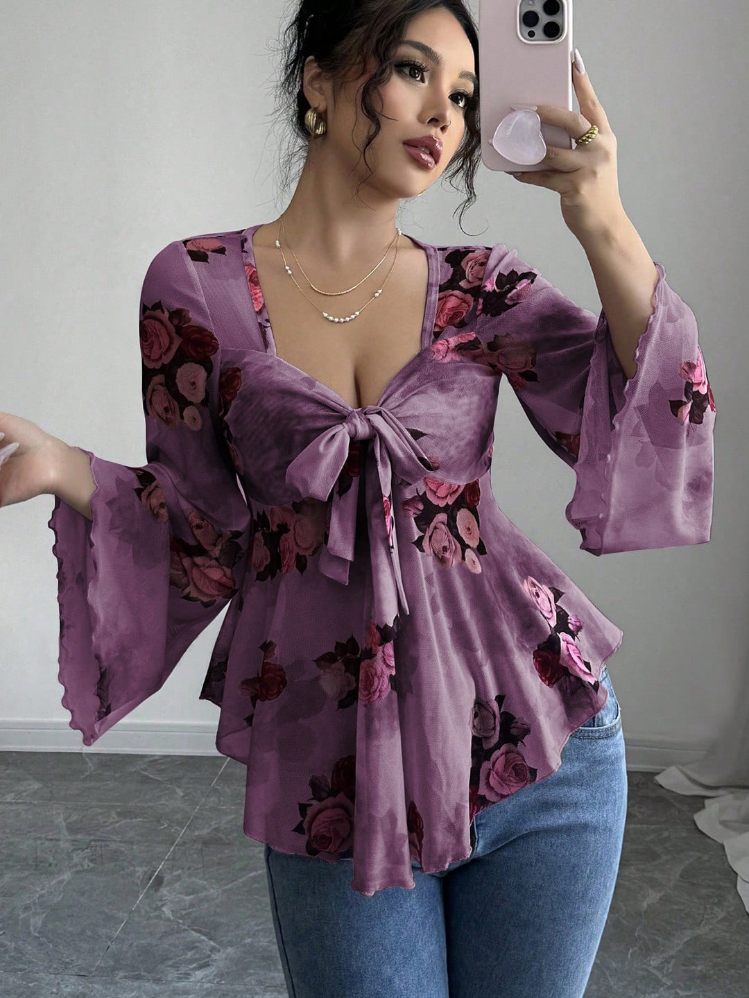 Damen luftige Bluse mit Blumenmuster EB