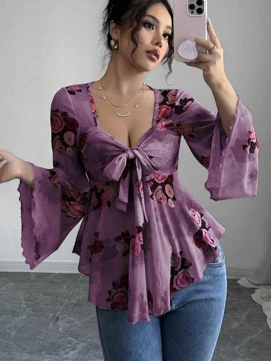 Damen luftige Bluse mit Blumenmuster EB