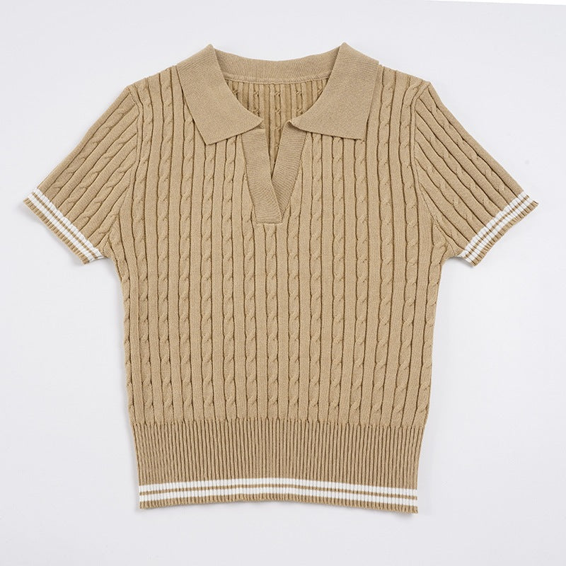 Damen kurzärmeliges Strickoberteil mit raffiniertem Rippmuster und Polokragen EB