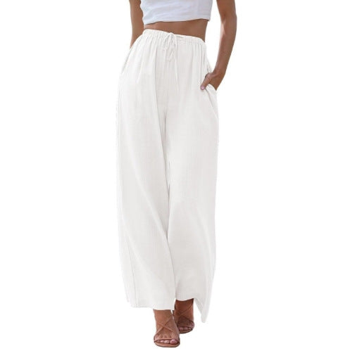 Damen nan weite Leinenhose mit elastischem Bund Kordel und Seitentaschen EB