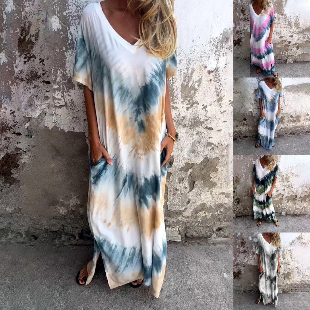 Damen Maxikleid mit V-Ausschnitt und seitlichen Taschen EB