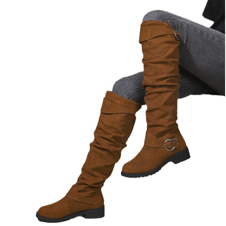 Damen Overknee-Stiefel aus weichem Wildleder mit dekorativem Schnallen-Detail EB