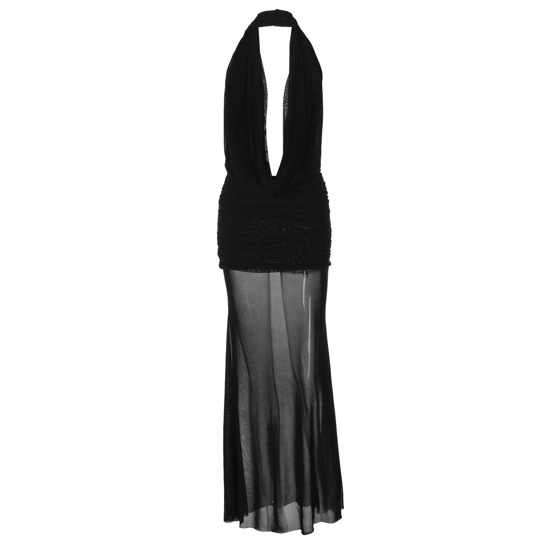 Damen Elegantes Maxikleid mit tiefem V-Ausschnitt und schimmernder Materialstruktur EB