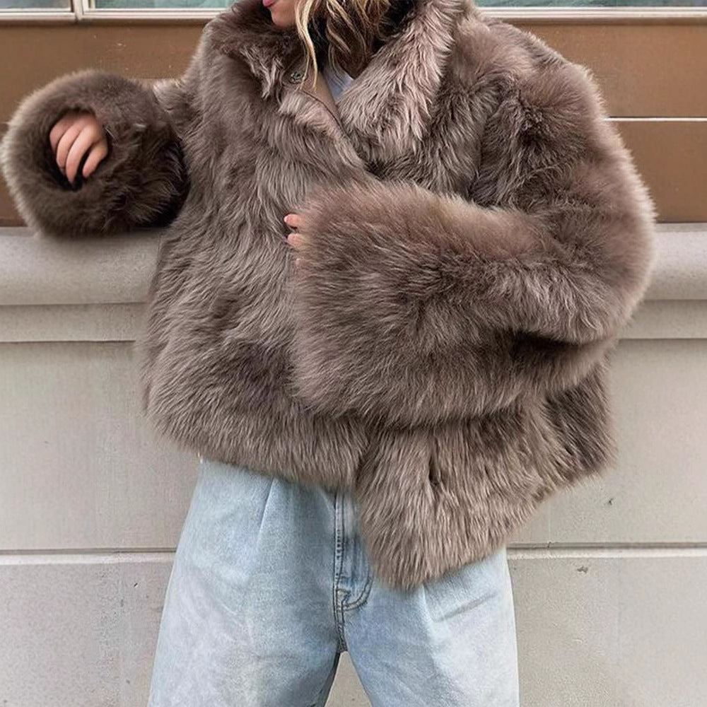 Damen Luxus Kunstfelljacke mit breitem Kragen EB