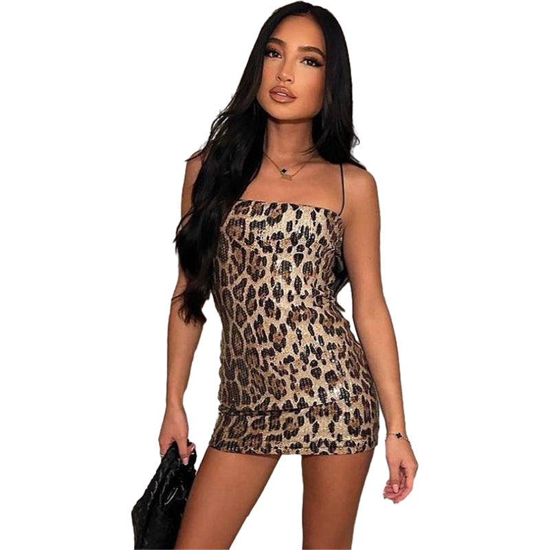 Damen Glitzerndes Minikleid mit Leopardenmuster und Spaghetti-Trägern EB